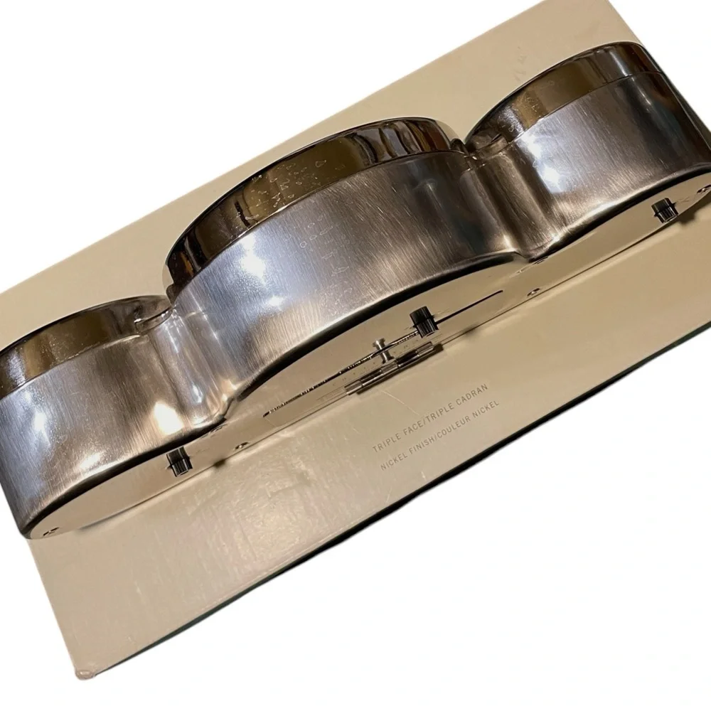 Pottery Barn Triple Face Dashboard Clock Nickel Finish Original Box & Packing - Picture 14 of 16